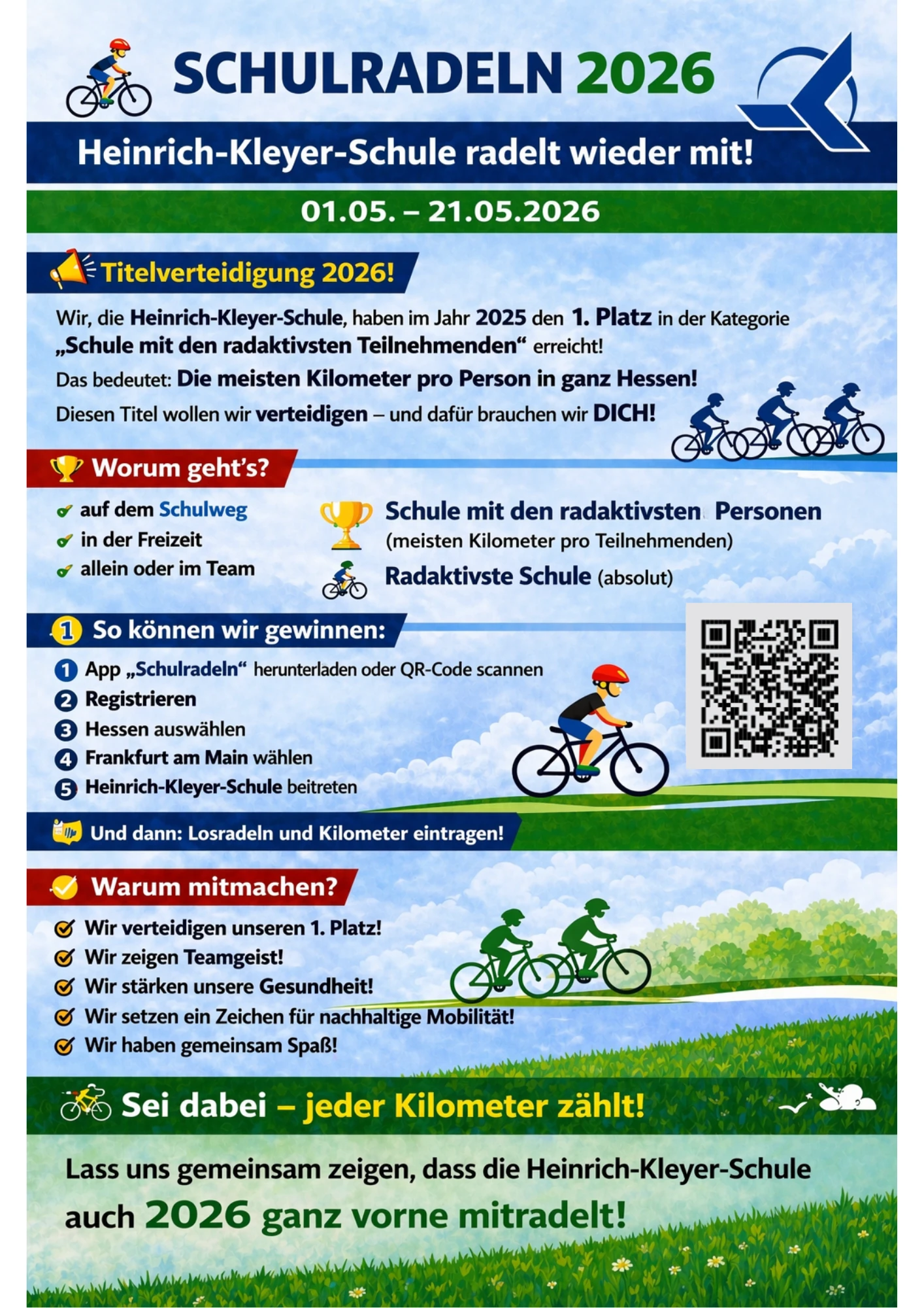 Plakat: Schulradeln 2026 — die Heinrich-Kleyer-Schule radelt wieder mit, vom 1. bis 21. Mai 2026